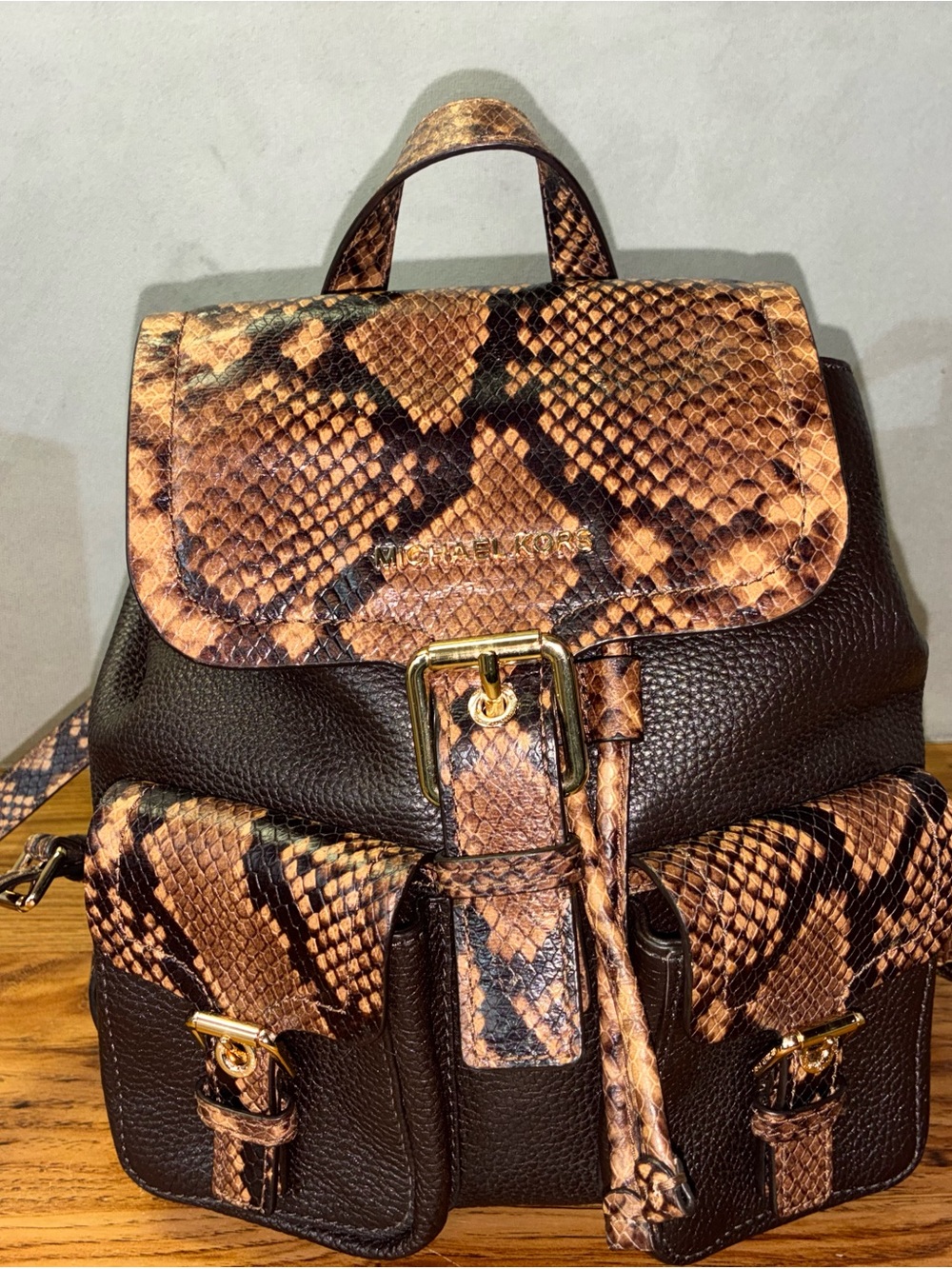 Michael Kors Brown Snake-Print & Dark Brown Leather Backpack